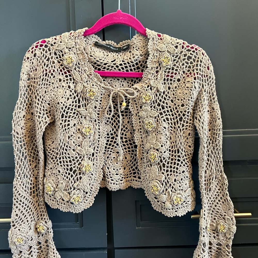 Michelle Nicole Crochet Cardigan in Tan/Wheat with yellow beads